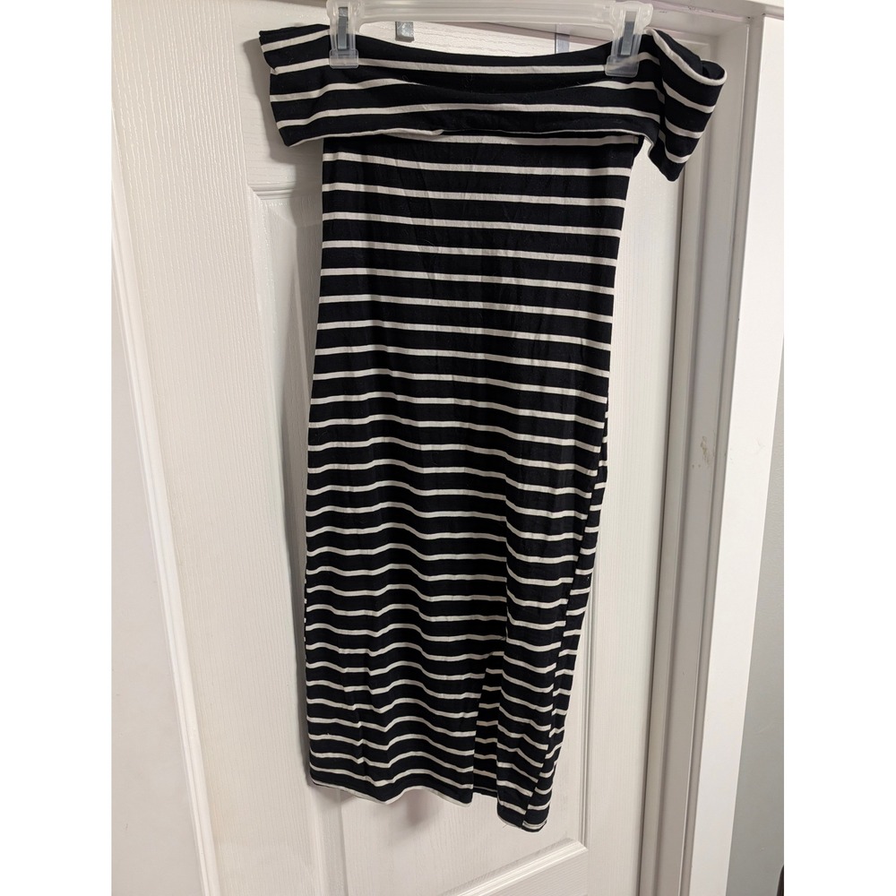 Heart & Hips Black White Striped Off The Shoulder Bodycon Midi Dress Small